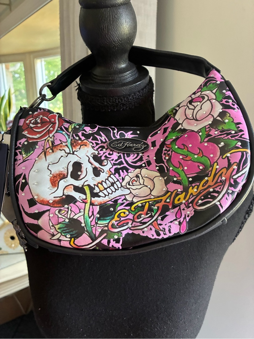 Ed Hardy Pink Skull & Rose Shoulder Hobo Bag